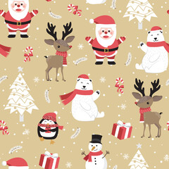 Christmas seamless pattern with santa and reindeer background, Winter pattern with polar bear, wrapping paper, winter greetings, web page background, Christmas and New Year greeting cards