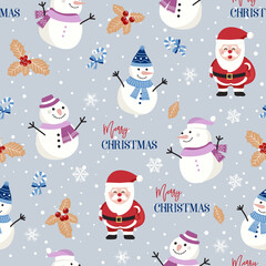 Christmas seamless pattern with snowman background, Winter pattern with holly berries, wrapping paper, winter greetings, web page background, Christmas and New Year greeting cards