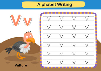 Alphabet Letter exercise V-Vulture  with cartoon vocabulary illustration, vector