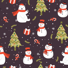 Christmas seamless pattern with snowman background, Winter pattern with bear, wrapping paper, winter greetings, web page background, Christmas and New Year greeting cards
