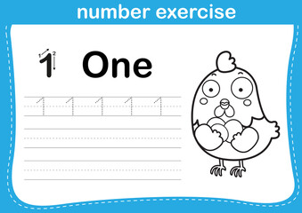 number exercise with cartoon coloring book illustration, vector