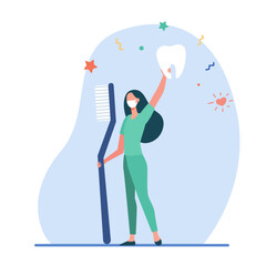 Tiny dentist holding giant toothbrush and tooth. Cleaning, caries, health flat vector illustration. Stomatology and dentistry concept for banner, website design or landing web page