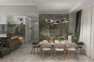 Contemporary style living room arranging and apartment’s layout, 3D illustration