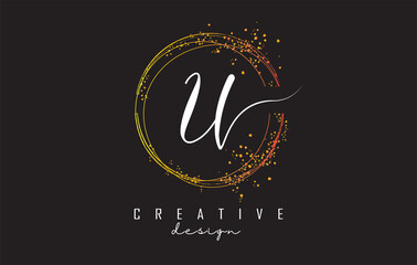 Golden sparkling circles and glitter frame for handwriting U letter logo.