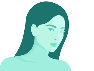 Vector monochrome illustration of a stylish woman with long hair in blue, isolated on white background. Flat illustration. Minimal style. 