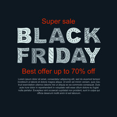 Vector illustration in flat style.  Black friday banner template with leaves. Illustration with hand drawn letters