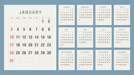 Calendar 2021 Vintage Style. Week starts on Sunday