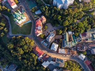 Aerial view to the Andreevsky Descent at summer sunset time