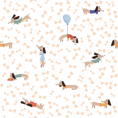 Children's seamless pattern with Dachshund dogs on white background in cartoon style. Cute texture for kids room design, Wallpaper, textiles, wrapping paper, apparel. Vector illustration - 393361718