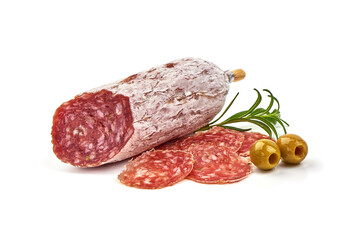 Italian salami sausage with mold, close-up, isolated on white background