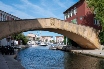 View on houses, roofs, canals and boats in Port Grimaud, Var, Provence, France