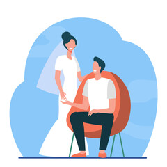Happy young spouses posing at their wedding. Love, groom, bride flat vector illustration. Marriage and family concept for banner, website design or landing web page