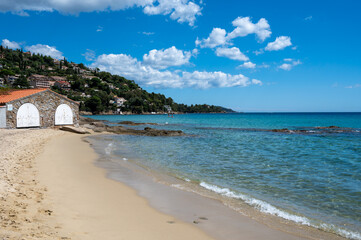 Summer vacation on French Riviera, crystal clear azure blue water of  Mediterranean sea in Saint Clair near Le Lavandou, Var, Provence, France