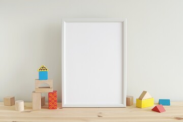 White vertical frame mockup in kids room interior, mockup for nursery art or print, colorful toys building blocks.