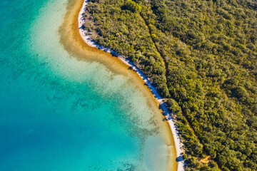 Obraz premium Aerial view of long hidden beaches and emerald sea surface. Adriatic coastline in Croatia, Dugi otok island.