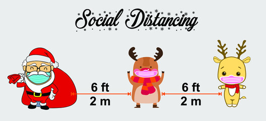 Fototapeta premium Santa Claus and two reindeer wear masks and spaced 6 feet or 2 meters to prevent the virus from spreading during the Christmas holiday season.