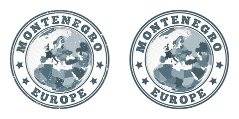 Montenegro round logos. Circular badges of country with map of Montenegro in world context. Plain and textured country stamps. Vector illustration.