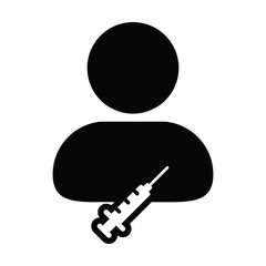 Pharmacist icon vector with vaccine syringe male user person profile avatar symbol for medical and healthcare treatment in a glyph pictogram illustration