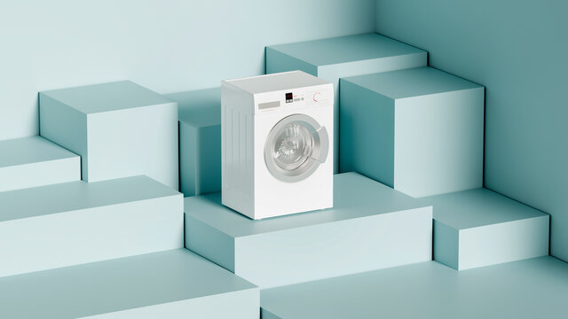 White washing machine on a blue cube stand, web template creative presentation, 3d rendering