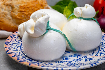 Cheese collection, fresh soft Italian cheese from Puglia, white balls of burrata or burratina cheese made from mozzarella and cream filling