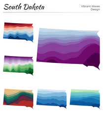 Set of vector maps of South Dakota. Vibrant waves design. Bright map of us state in geometric smooth curves style. Multicolored South Dakota map for your design. Astonishing vector illustration.