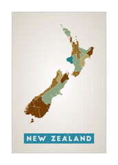 New Zealand map. Country poster with regions. Old grunge texture. Shape of New Zealand with country name. Elegant vector illustration.