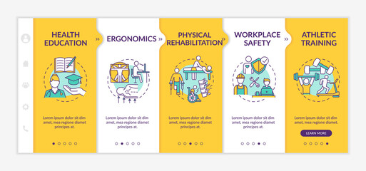 Physical health onboarding vector template. Trauma recovery. Bodycare, ergonomics. Athlete training. Responsive mobile website with icons. Webpage walkthrough step screens. RGB color concept