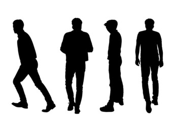 Four silhouettes of a young man walking from back and profile, isolated on white background