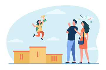 Happy parent watching daughter winning cup. Girl, prize, first place flat vector illustration. Achievement and competition concept for banner, website design or landing web page