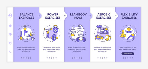 Muscle training onboarding vector template. Fitness exercise. Lean body mass. Physical health. Responsive mobile website with icons. Webpage walkthrough step screens. RGB color concept