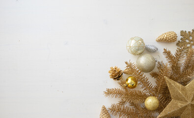Obraz premium Merry Christmas and happy New Year background, Flat lay golden decoration composition