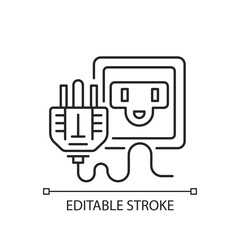 Socket for power supply linear icon. Technology cable. American plug. Wire for electricity. Thin line customizable illustration. Contour symbol. Vector isolated outline drawing. Editable stroke