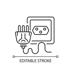 Industrial power plug in linear icon. Type N cable with multiple pins. Appliance wire. Thin line customizable illustration. Contour symbol. Vector isolated outline drawing. Editable stroke