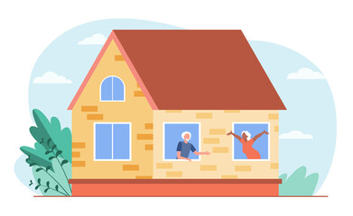 Old people talking through windows. House, love, pensioner flat vector illustration. Communication and retirement concept for banner, website design or landing web page