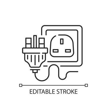 Industrial power outlet linear icon. Plug with multiple pins. Wall socket for appliance cable. Thin line customizable illustration. Contour symbol. Vector isolated outline drawing. Editable stroke