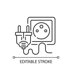 Electrical plug for tech linear icon. Type K cable for socket. Unplug appliance. Electrical cord. Thin line customizable illustration. Contour symbol. Vector isolated outline drawing. Editable stroke