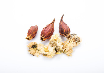 Dried gardenia fruits and Dried chrysanthemum on white background