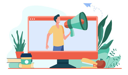 Smiling man talking in loudspeaker on monitor. Social media, computer, online flat vector illustration. Communication and digital technology concept for banner, website design or landing web page