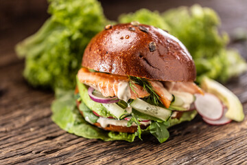 Salmon burger stuffed with vegetable salad avocado and dill