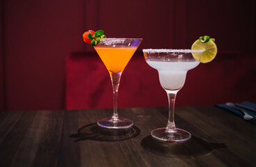 Glasses of cocktails with strawberry and lemon