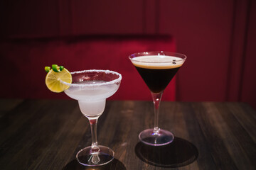 Glasses of drinks on table