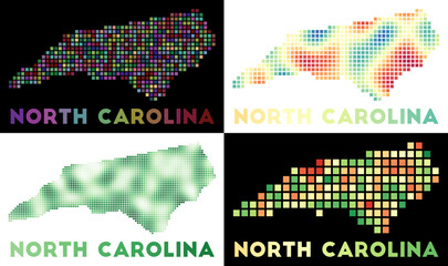 Fototapeta premium North Carolina map. Collection of maps of North Carolina in dotted style. Borders of the US state filled with rectangles for your design. Vector illustration.