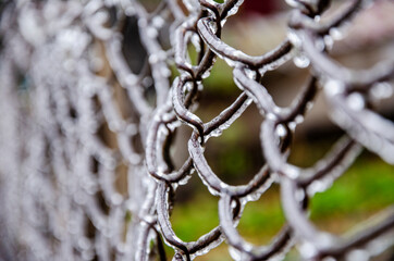 Beautiful winter abstraction. Lattice in ice close-up. Ice mesh. Lattice texture. Beautiful winter background. Ice texture. The beauty of ice. Ice surface. Cracked ice surface. Frostwork