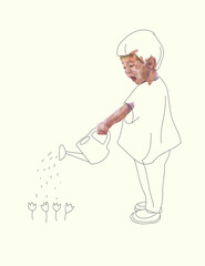 Watercolor illustration, a pictorial representation of a boy supplemented with a graphic line.