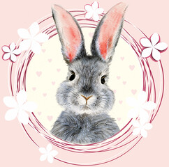 Watercolor illustration of a cute fluffy grey rabbit with pink ears in a blank background with pink hearts and flowers