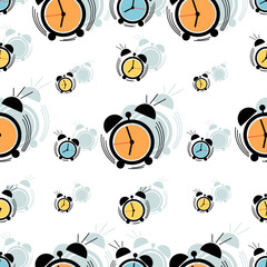 Alarm clock. Vector background, pattern. Multicolored clock face. Clockwork. Laconic design template