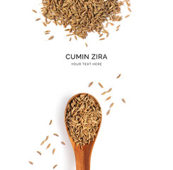 Creative layout made of cumin seeds and wood spoon on a white background. Top view.  