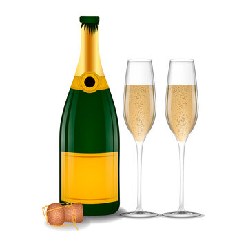 Open bottle of champagne and glasses with champagne on a white isolated background.
Stock vector illustration.