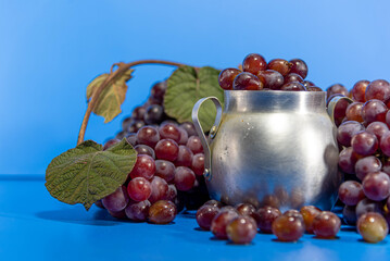 Grape fruits in aluminum container on blue background