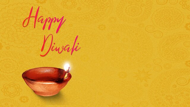 Happy Diwali stylish text greetings with clay lamp flame in golden background